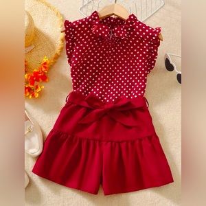 Girls Polka Dot Print Frilled Neck Top & Belted Shorts 2 Pieces